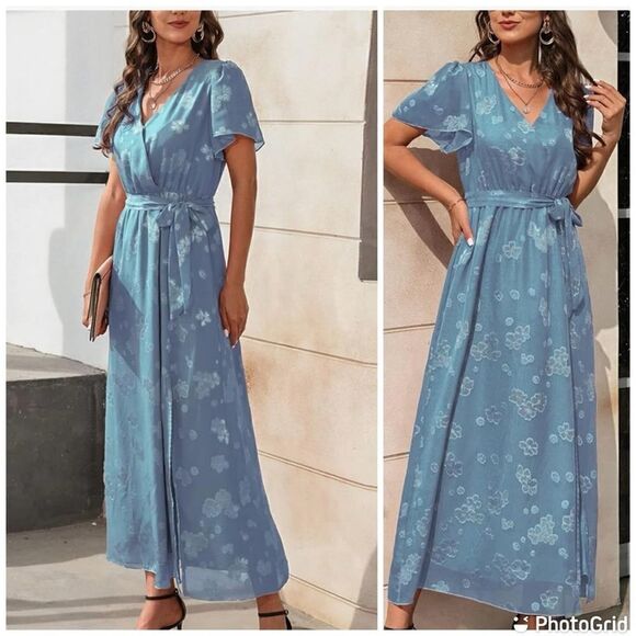 NWT Simplee Short Sleeve Wrap Maxi Dress V Neck Burnout Floral Formal Dress - Picture 2 of 14